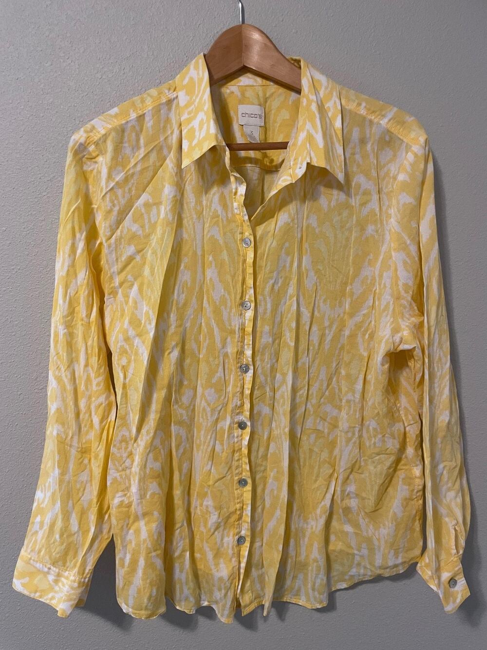Chicos Button Up Shirt Womens 3 US XL Yellow Geometric Semi Sheer Lightweight